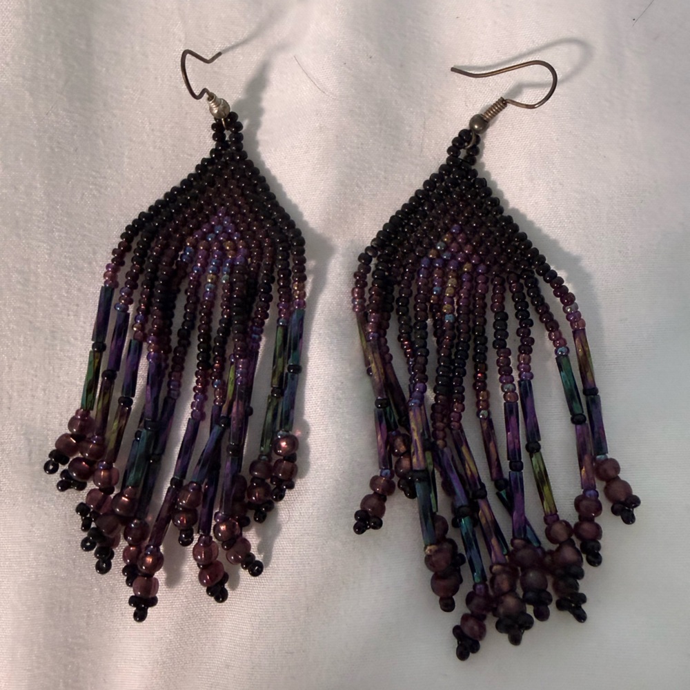 Beaded Pierced Earrings Never worn black and purple